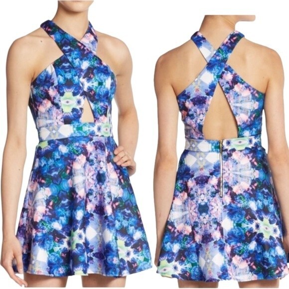 Naven Floral Abstract Print Cutout Kaleidoscope Skater Dress S Prom Cocktail - Picture 1 of 10